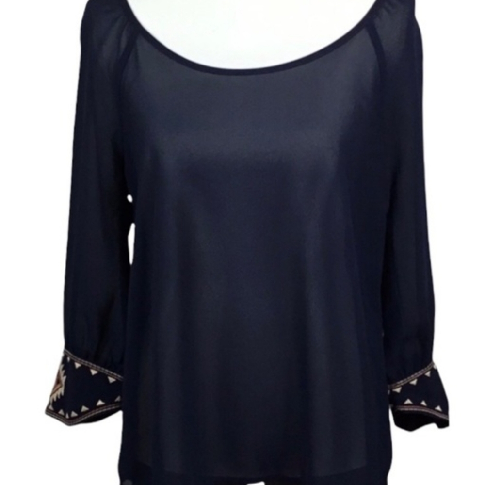 BOHO style sheer embroidered navy blue top by Sweet Journey. Size Medium.